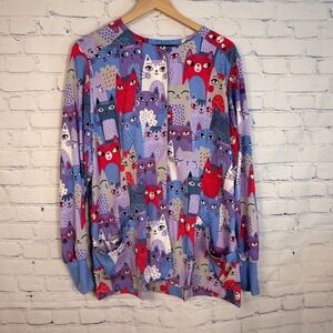 Butter-Soft Stretch Scrub Jacket XL Blue Purple Pink Cartoon Cat Print Snaps